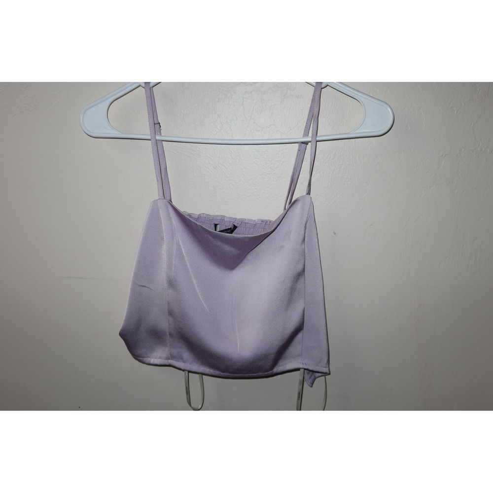 Forever 21 Lavender Satin Cowl Neck Cami Crop Top Purple Smocked Back Womens M